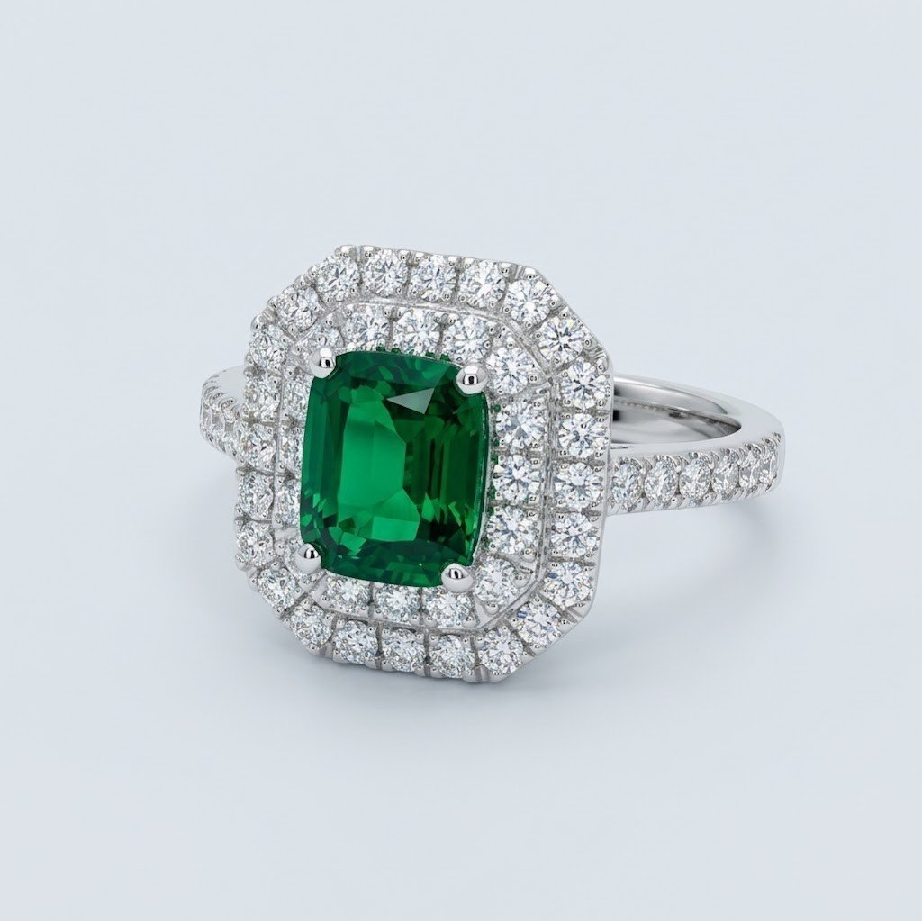 Anello doppio contorno centro verde Gioielleria in argento