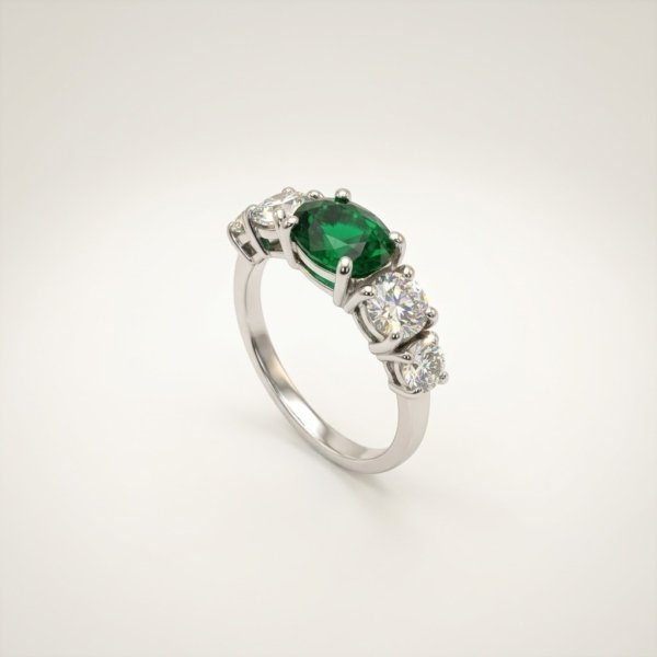 Anello veretta 5 pietre centro ovale verde color smeraldo
