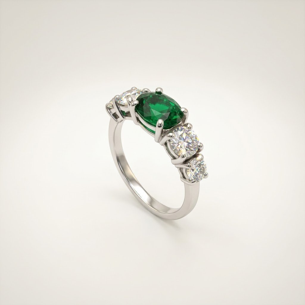 Anello veretta 5 pietre centro ovale verde color smeraldo